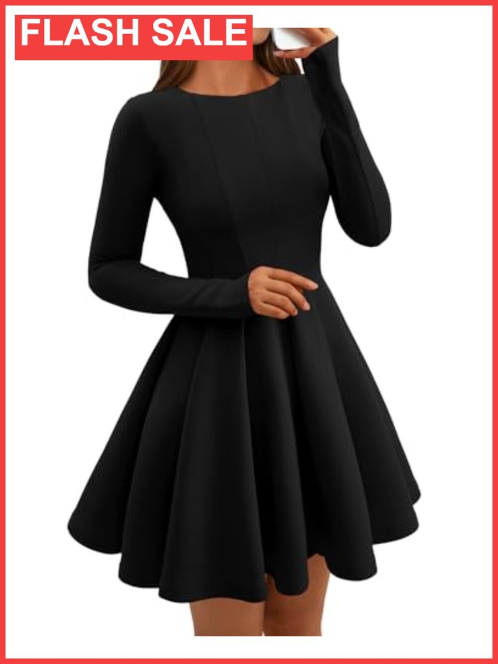 Long Sleeve High Waist A-Line Mini Dress Pleated Swing